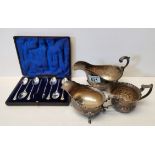 2 x Silver gravy jugs and set of silver tea spoons