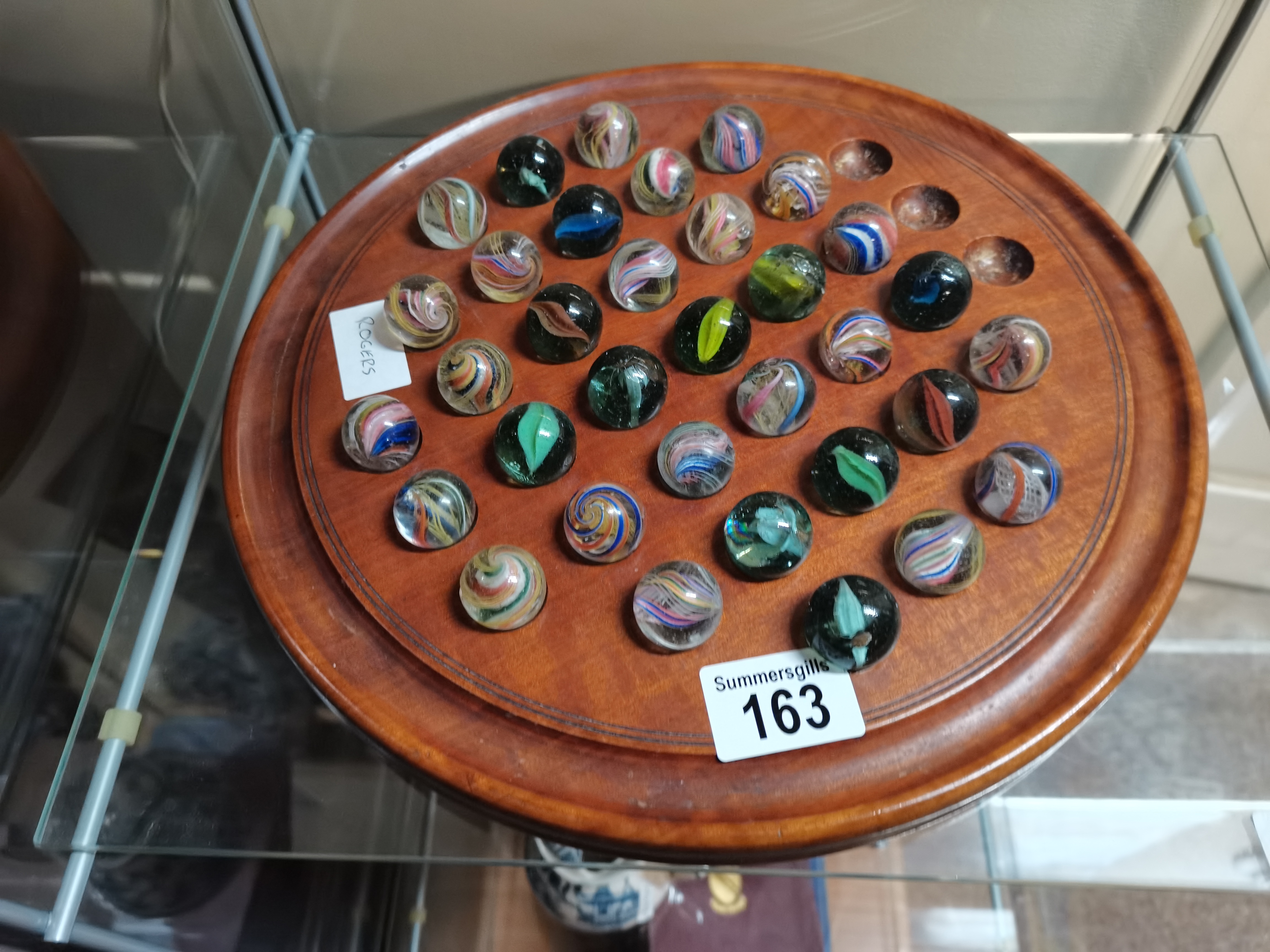 Wooden Solitaire Board With Large Marbles (2 Missing)