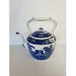 Blue and white Copeland Willow pattern kettle