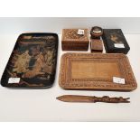 Selection of carved wooden boxes, trays etc