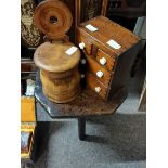 Antique oak stool, candlebox and miniature chest