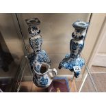Pair of Delft candlesticks and blue and white jug