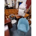 Lloyd loom chair, cushions, prints etc