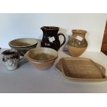 6 items of Studio Pottery 1 Tray 2 Jugs 2 bowls and a Vase