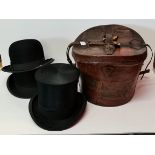 2 x bowler hats plus leather hat box plus top hat