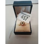 9ct gold ring size L antique style suffragette style basket of 6 pearls plus 6 green stones