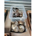2 x boxes of silver plate inc coffee pots, trays etc