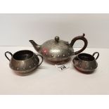 Pewter tea pot, milk jug and sugar bowl