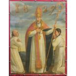 A 19TH CENTURY CONTINENTAL OIL ON CANVAS, BISHOP HOLDING A STAFF AND TWO MONKS KNEELING Verso having