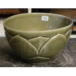 A LARGE CHINESE CELEDON GLAZE BOWL Having incised lotus leaf decoration with square Chinese