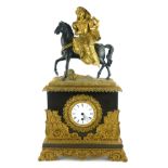 A 19TH CENTURY FRENCH GILT BRASS FIGURAL MANTEL CLOCK Female figure on horseback and acanthus leaf