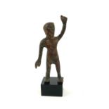A CHINESE BRONZE WARRIOR FIGURE Standing pose with one arm raised, on black perspex base. (figure