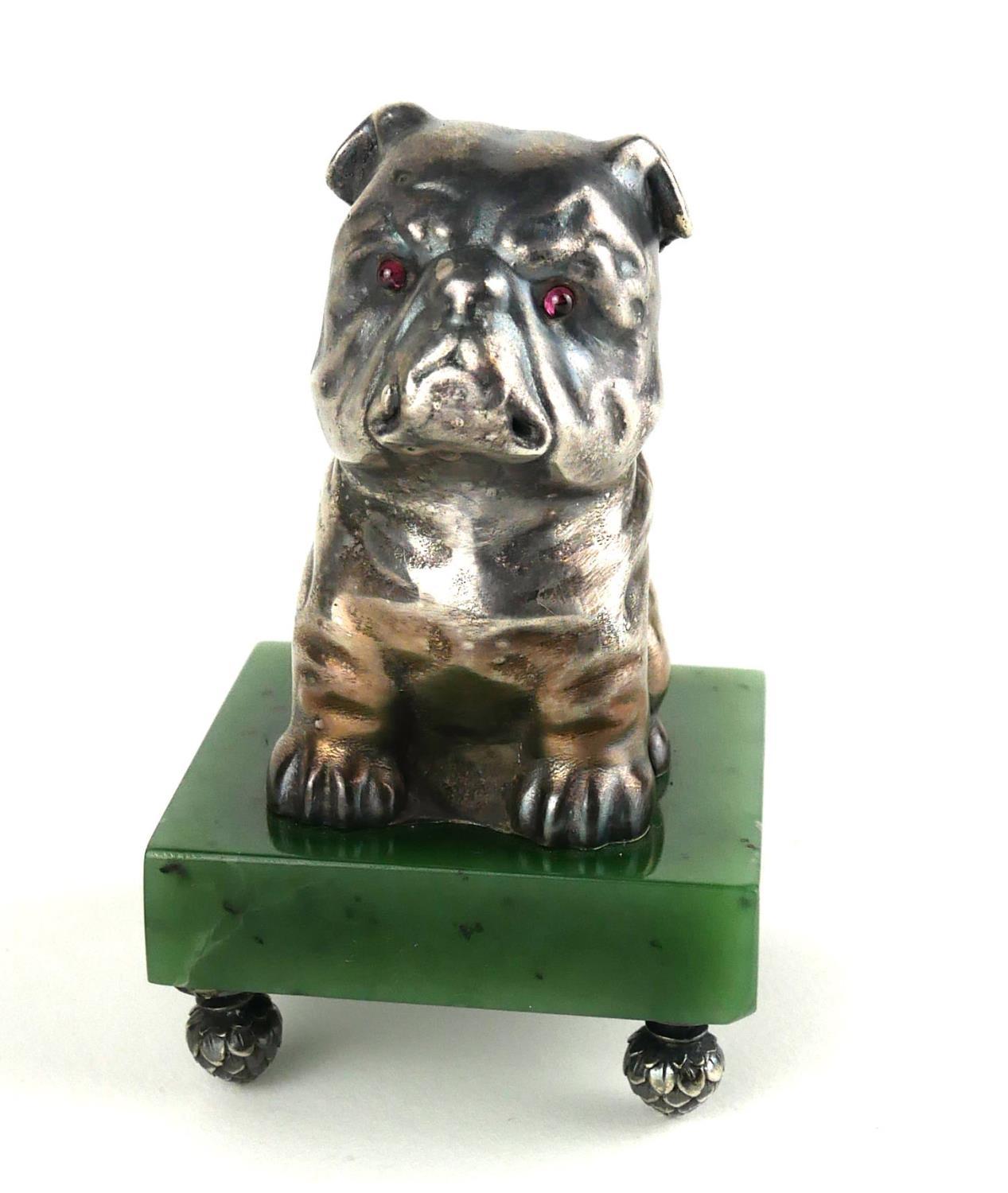 A RUSSIAN SILVER AND NEPHRITE JADE BULLDOG PAPERWEIGHT Seated pose with garnet eyes, bearing ' - Image 4 of 13