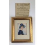 FLORA TOMKINS, 1872 - 1960, MINIATURE ON IVORY Portrait of a young woman wearing a blue hat and