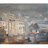 CLAUDE CRONEY, AMERICAN, 1926 - 1993, WATERCOLOUR Harbour scene, boats and buildings, bearing