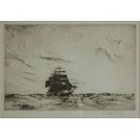 ARTHUR BRISCOE, 1873 - 1943, A BLACK AND WHITE MARINE ETCHING Titled 'Making A Passage 1925',