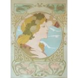 F. MEDAILLE, A LITHOGRAPH PORTRAIT PRINT, ART NOUVEAU MAIDEN Titled 'La Peche', signed, framed and