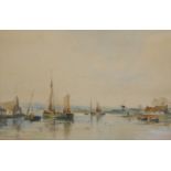 THOMAS BUSH HARDY, 1842 - 1897, WATERCOLOUR Marine landscape, rowing boats with a windmill, signed