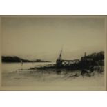 RICHARD SMYTHE, AN EARLY 20TH CENTURY BLACK AND WHITE MARINE ETCHING Coastal view with sailboat,