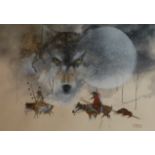 ANDERSON BENALLY, B. 1954, NAVAJO, WATERCOLOUR Native Indians on horseback with wolf above,