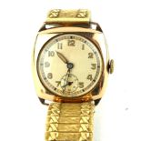 AN EARLY 20TH CENTURY 9ct GOLD GENTS WRISTWATCH Square form dial with Arabic number markings and