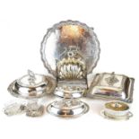 A COLLECTION OF 19TH CENTURY AND LATER SILVER PLATED WARE Comprising a tray with beaded edge and