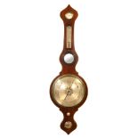 A 19TH CENTURY MAHOGANY BAROMETER Having inlaid decoration with silver tone dry/damp dial above