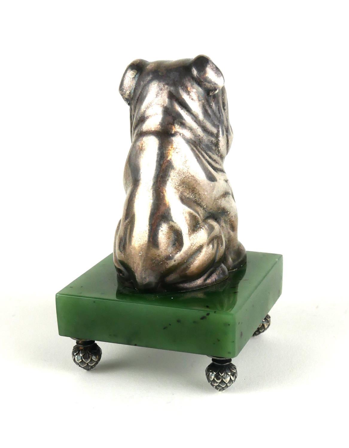 A RUSSIAN SILVER AND NEPHRITE JADE BULLDOG PAPERWEIGHT Seated pose with garnet eyes, bearing ' - Image 10 of 13