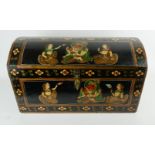 AN INDIAN WOODEN DOME TOP CHEST Hand painted decoration of Ganesh with seated Hindu females, on