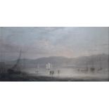 A 19TH CENTURY OIL ON BOARD, FIGURES AND BOATS BY THE SHORE bearing indistinct label verso,
