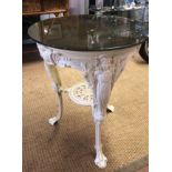 A CAST IRON BRITANNIA TABLE With later circular glass top. (diameter 61cm x 77cm)