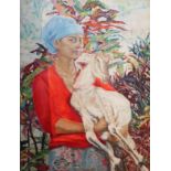 JUDITH JARVIS, GRENADA, OIL ON CANVAS Portrait of a girl in a blue headdress with a goat, signed and