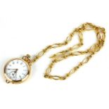 LONGINES, AN EARLY 20TH CENTURY 14CT GOLD LADIES' POCKET WATCH AND NECKLACE Having a subsidiary