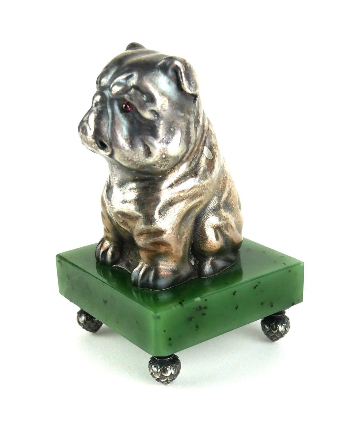 A RUSSIAN SILVER AND NEPHRITE JADE BULLDOG PAPERWEIGHT Seated pose with garnet eyes, bearing ' - Image 6 of 13