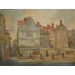 IVAN MARTIN , 20TH CENTURY, OIL ON BOARD Townscape with figures, framed. (84cm x 70cm)