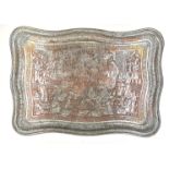 A 19TH CENTURY IRANIAN SILVER PLATED TRAY Engraved with maidens in a garden setting, with serpentine