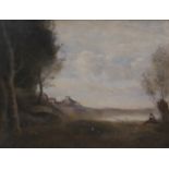 FOLLOWER OF JEAN-BAPTISTE-CAMILLE COROT, 19TH CENTURY OIL ON CANVAS River landscape, indistinctly