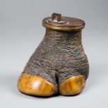 A LATE 19TH CENTURY TAXIDERMY WHITE RHINOCEROS FOOT TOBACCO CONTAINER WITH WOOD INSERT AND HINGED