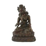 A TIBETAN BRONZE LAKSHMI BUDDHA FIGURE Seated pose with scrolled headdress and elaborate necklace,