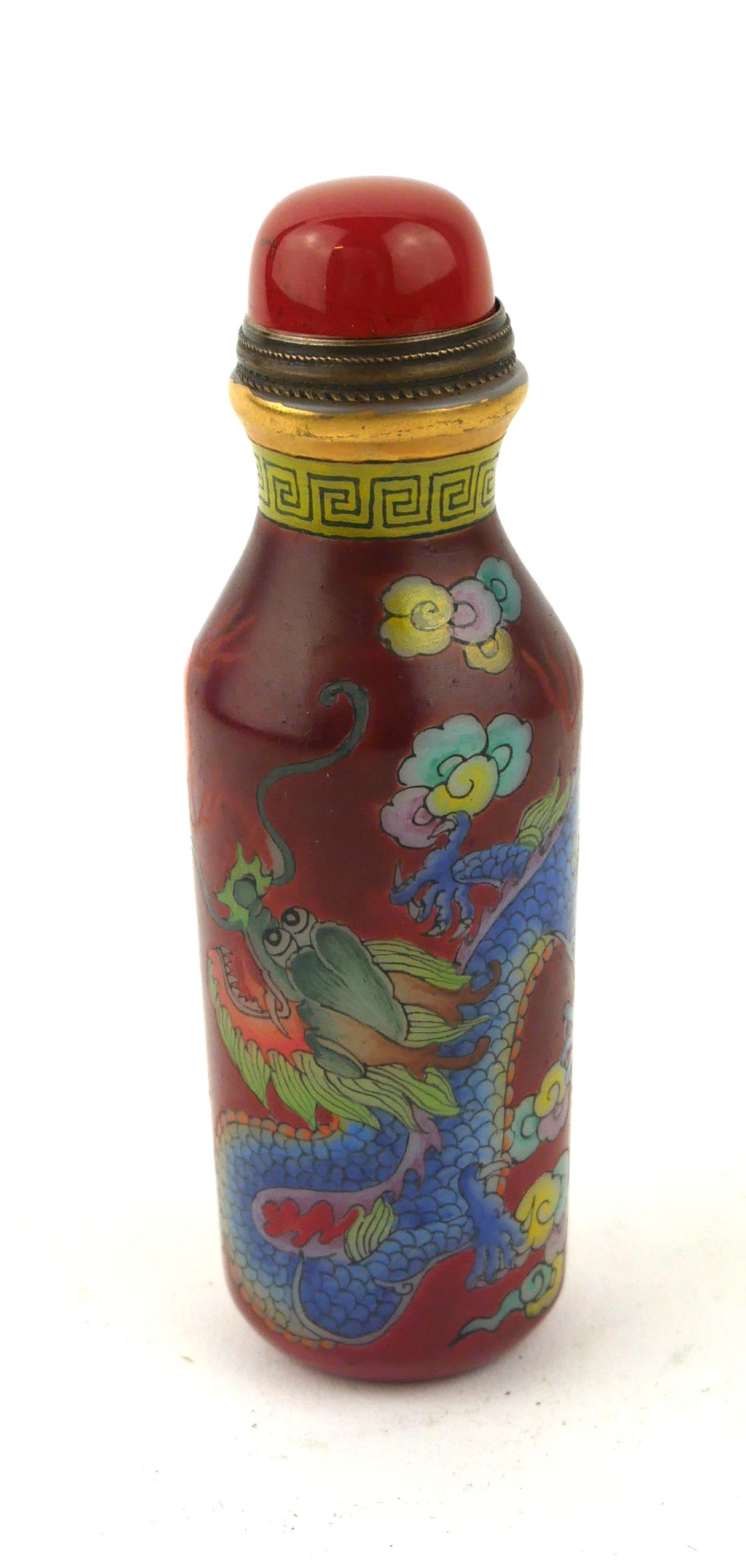 A CHINESE GLASS SNUFF BOTTLE Hand painted with a five toe dragon chasing a flaming pearl, bearing