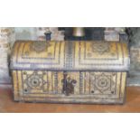 AN 18TH/19TH CENTURY VELLEM COVERED AND BRASS STUD WORK DECORATED COLONEL CAPTAIN'S CHEST. (115cm