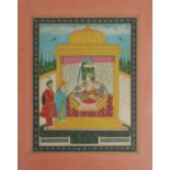 A SIKHH SCHOOL WATERCOLOUR INTERIOR SCENE The Goddess Lakshmi seated in an elaborate throne with