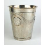 A LARGE CONTINENTAL WHITE METAL COMMEMORATIVE BEAKER Having fine engraved decoration and set with