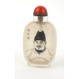 A CHINESE REVERSE GLASS SNUFF BOTTLE hand painted internal portrait with signature to upper left and