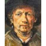 A 20TH CENTURY OIL ON CANVAS AFTER REMBRANDT VAN RIJN (h 25.5cm x w 20.5cm x d 1.8cm)