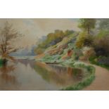 HOWARD GAYE, 1849 - 1925, WATERCOLOUR Titled 'On The Wry Near Guildford', riverscape, signed,