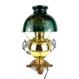 A LATE 19TH/EARLY 20TH CENTURY BRASS AND GREEN GLASS TABLE LAMP Having a dome form green glass shade