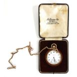 BENSON, A CASED EARLY 20TH CENTURY 9CT GOLD GENT'S POCKET WATCH AND ALBERT CHAIN Open face with