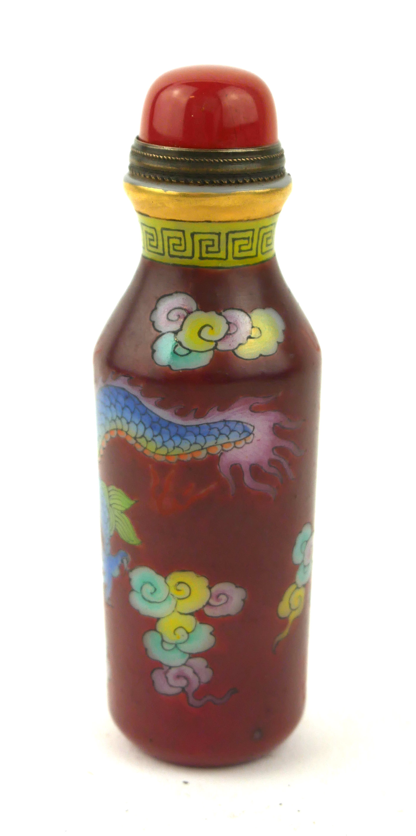 A CHINESE GLASS SNUFF BOTTLE Hand painted with a five toe dragon chasing a flaming pearl, bearing - Image 5 of 10