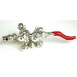 A 19TH CENTURY DESIGN CONTINENTAL SILVER AND CORAL CHILD'S RATTLE/WHISTLE.
